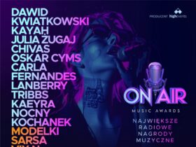 Grafika w ciemnym kolorach, z nazwiskami gwiazd, które wystąpią na On Air Music Awards.