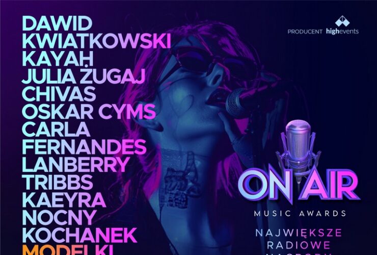 Grafika w ciemnym kolorach, z nazwiskami gwiazd, które wystąpią na On Air Music Awards.